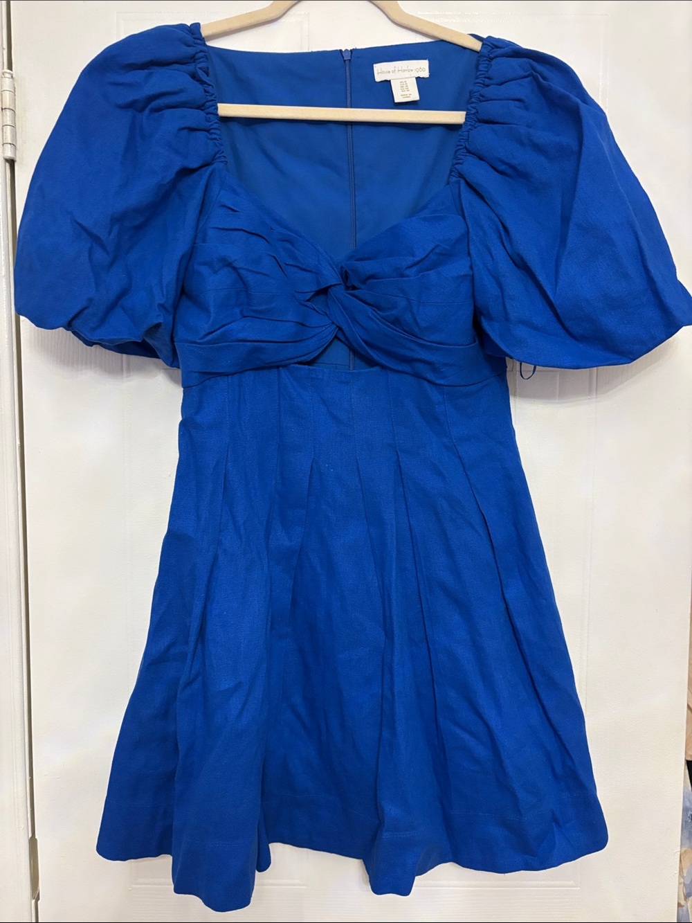 House of Harlow Cobalt Blue Puff-Sleeve Tie-Front Mini Dress